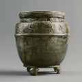 Han Dynasty pottery storage jar with three feet, green glaze.