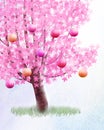 Hanami celebration with japanese lantern in a blooming cherrytree Royalty Free Stock Photo