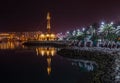 Hanan Kanoo Mosque in the evening lights on the shore of Persian Gulf, Manama, Bahrain Royalty Free Stock Photo