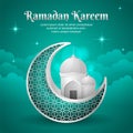 Ramadan kareem background with ornamental crescent moon in green cloudy sky background