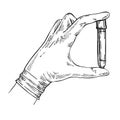 Sketch Hand with latex glove holding a test tube with the analysis. Royalty Free Stock Photo