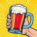 Foamy glass mug of beer in hand. Fast food illustration in pop art retro comic style Royalty Free Stock Photo