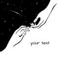 The hand reaches for the hand against the background of the starry sky.