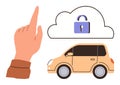 Hand accessing cloud data with lock above car, representing cloud security in automotive industry Royalty Free Stock Photo