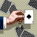 Hand with the ace of Spades playing card. Vintage color engraving stylized drawing. Royalty Free Stock Photo