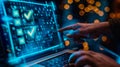 A hand activates digital checkboxes with blue glow against a blurred laptop background Royalty Free Stock Photo
