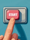 Finger pressing a red start button on a vintage switch panel with shadows on a blue background symbolizing initiation and Royalty Free Stock Photo
