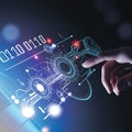 Hand Activating Futuristic Digital Display with Glowing Interface, Binary Data, and Abstract Tech Royalty Free Stock Photo