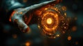 Hand activating futuristic interface, dark background, tech concept Royalty Free Stock Photo