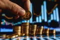 Hand adding gold coin to stack with bright upward trend line Royalty Free Stock Photo