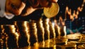 Hand adding gold coin to stack with bright upward trend line Royalty Free Stock Photo