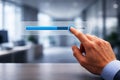 Hand Adjusting Blue Progress Bar on Transparent Screen in Office finger Royalty Free Stock Photo