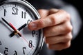 Hand adjusting a clock during late evening hours in an office setting for time management Royalty Free Stock Photo