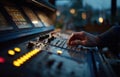 Hand Adjusting Controls on Mixer Board in Dimly Lit Studio Environment Royalty Free Stock Photo
