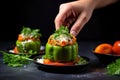 hand adjusting a garnished stuffed bell pepper for a perfect photo