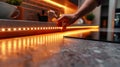 A hand adjusting LED lights on a modern kitchen countertop. Royalty Free Stock Photo