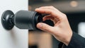 Hand adjusts the lens on a modern black security camera mounted on a white wall indoors Royalty Free Stock Photo