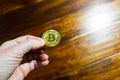 Hand of an adult holds bitcoin coin