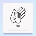 Hand of adult holds child`s hand thin line icon. Modern vector illustration, care sign Royalty Free Stock Photo