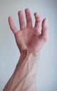 Hand of an adult strong man, many veins on the arm. Close up on a white background. Royalty Free Stock Photo