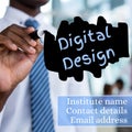 Hand of african american businessman writing digital design, institute name, contact, email