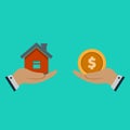 A hand agent with a house in the palm of your hand. Exchange of a house for money. Proposal of buying a house, renting real estate