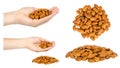 Hand with almond nuts, healthy snack, set and collection