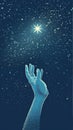 A hand amid stars reaching for the brightest one, embodying goals, inspiration, or longing for the unreachable