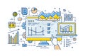 Hand of analyst pointing at computer display with results of statistical data analysis on it, diagrams, charts and