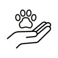 Hand with animal paw icon. Pet friend human, love for a dog or cat. Paw print. Care pet concept Royalty Free Stock Photo