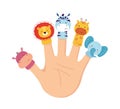 Hand animal puppets. Children finger theater. Family leisure. Lion, Hippo, giraffe, zebra and Elephant dolls. Vector