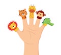 Hand animal puppets. Children finger theater. Family leisure. Lion, tiger, giraffe, monkey and Crocodile dolls. Vector