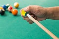 Hand applying chalk on tip of billards pool stick