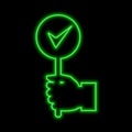 Hand with approve sign. Success concept neon sign. Bright glowing symbol on a black background.