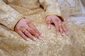 The hand of the Arab bride is tattooed with red henna. Arab wedding traditions Royalty Free Stock Photo