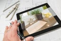 Hand of Architect on Computer Tablet Showing Bathroom Details Ov Royalty Free Stock Photo
