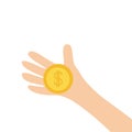 Hand arm holding dollar sign golden coin money. Helping hands concept. Close up body part. Business donation. Flat design style. W Royalty Free Stock Photo