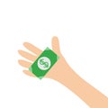 Hand arm holding paper money dollar sign. Helping hands concept. Close up body part. Business donation. Flat design style. White b