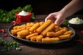 hand arranges a plate full of crispy mozzarella sticks