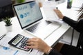 Hand of an Asian female employee is calculating numbers in the office. She was using a calculator on a white table Royalty Free Stock Photo