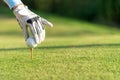 Hand asian woman putting golf ball on tee with club in golf course on sunny day for healthy sport. Royalty Free Stock Photo