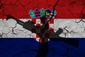 Hand assault rifle on the background of the flag of Croatia and cracks. Croatia Power Concept