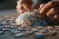Hand assembling globe puzzle pieces with map detail Royalty Free Stock Photo