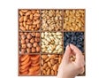 Hand with assorted nuts and dried fruit collection. Different superfoods. Vegetarian snack of different nuts. organic mixed nuts Royalty Free Stock Photo