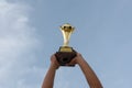 Hand of the athlete holds a football trophy