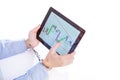 Hand attached with handcuffs and tablet with a financial graph on the screen