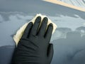 the hand of the auto painter in a black glove holds a special napkin for dusting the surface of the car.