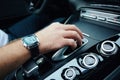 Hand on automatic gear shift, Man hand shifting an automatic car Royalty Free Stock Photo