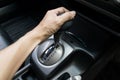 Hand on automatic gear shift Royalty Free Stock Photo