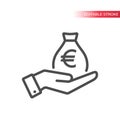 Hand and a bag of euros money. Hand and euro money bag icon. Royalty Free Stock Photo